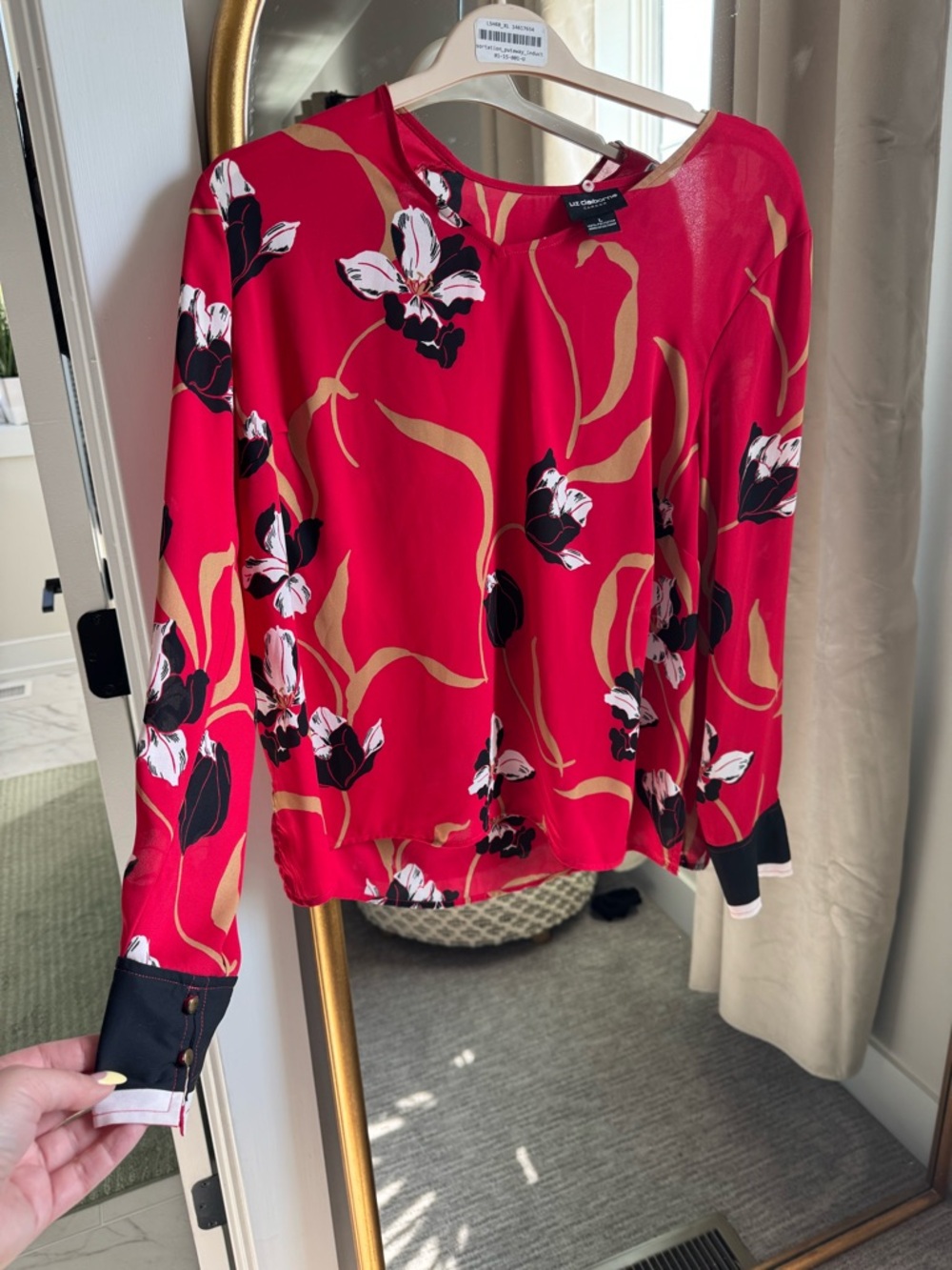 Liz Claiborne Red Floral Long-Sleeve Blouse with Black & Gold Accents